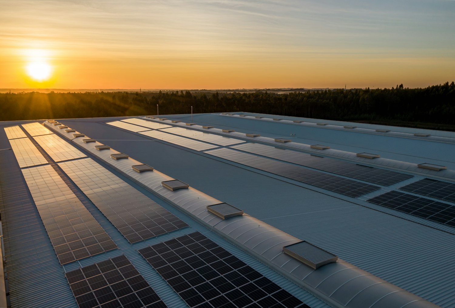Rooftop solar panels glowing at sunset — clean power with Lotus Sun Energy across India